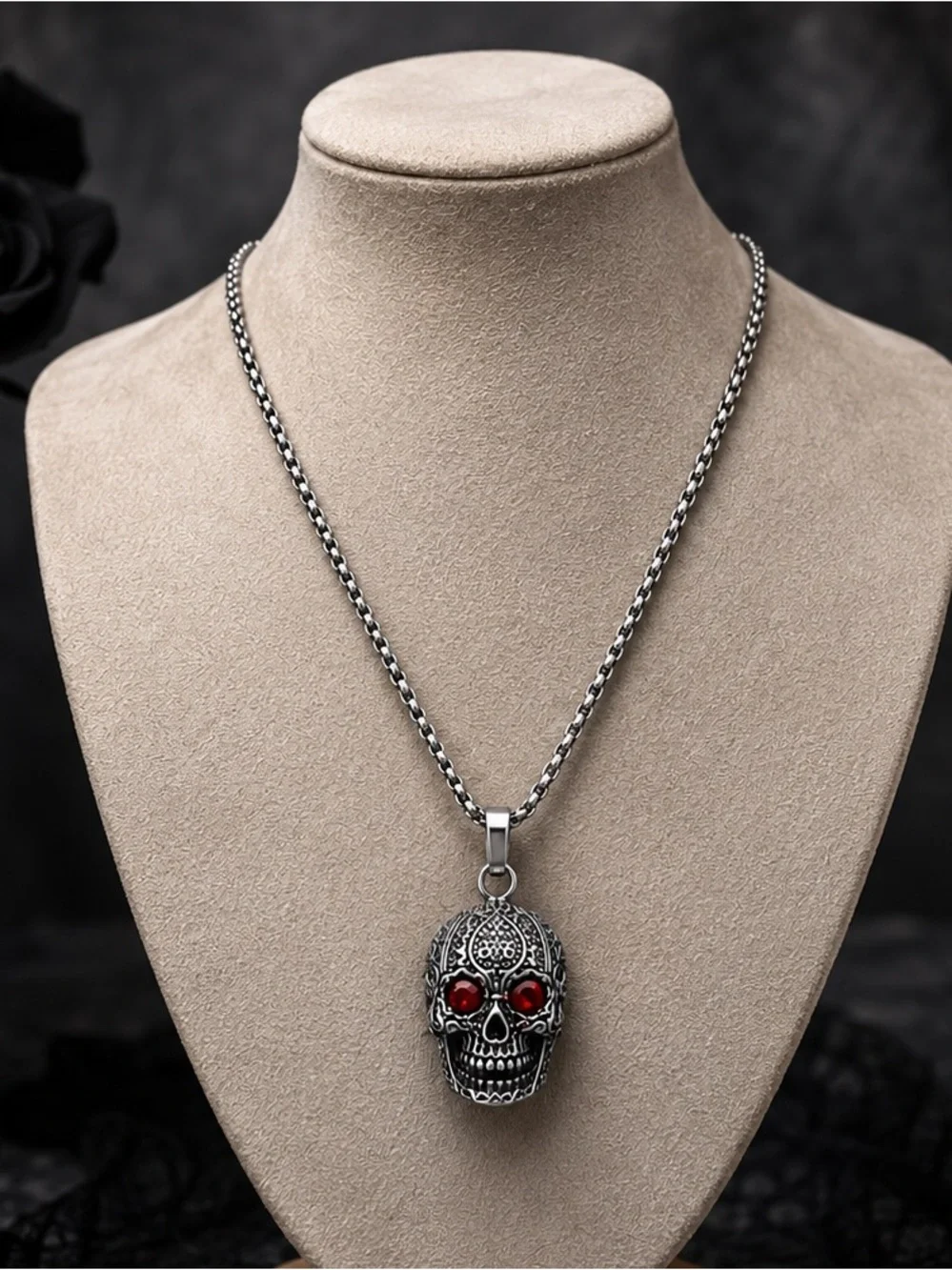 Silver Skull Pendant Necklace with Red Eyes - Men's Accessory